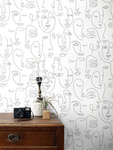 Sharona White Line Art Faces Wallpaper with Abstract Line-Drawing Faces - ESTA Home DD139145