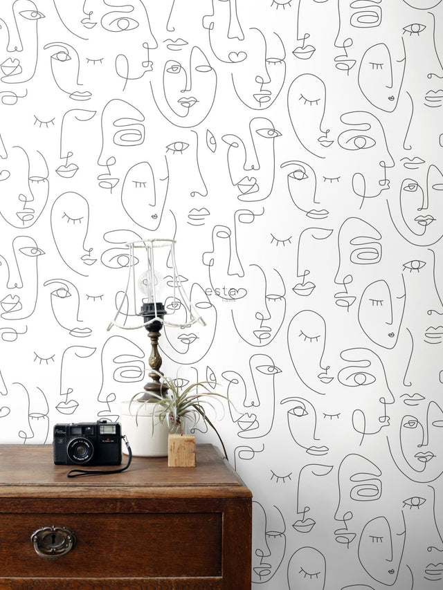 Sharona White Line Art Faces Wallpaper with Abstract Line-Drawing Faces - ESTA Home DD139145