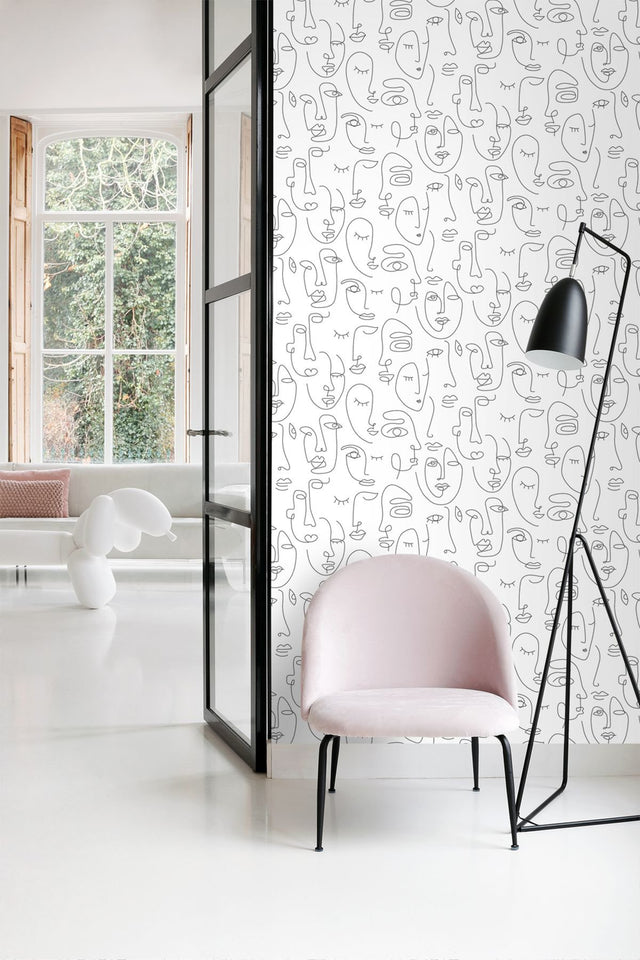 Sharona White Line Art Faces Wallpaper with Abstract Line-Drawing Faces - ESTA Home DD139145