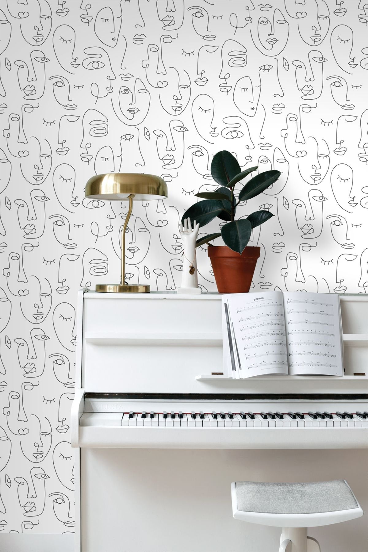 Sharona White Line Art Faces Wallpaper with Abstract Line-Drawing Faces - ESTA Home DD139145