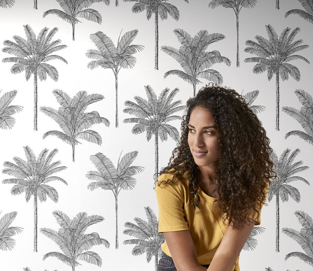Taj Charcoal Palm Trees Wallpaper with Tropical Botanical Palm Motif - ESTA Home DD139162