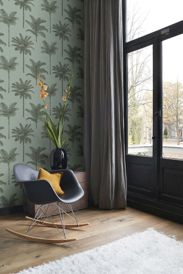 Taj Sage Palm Trees Wallpaper with Botanical Tropical Pattern - ESTA Home DD139165