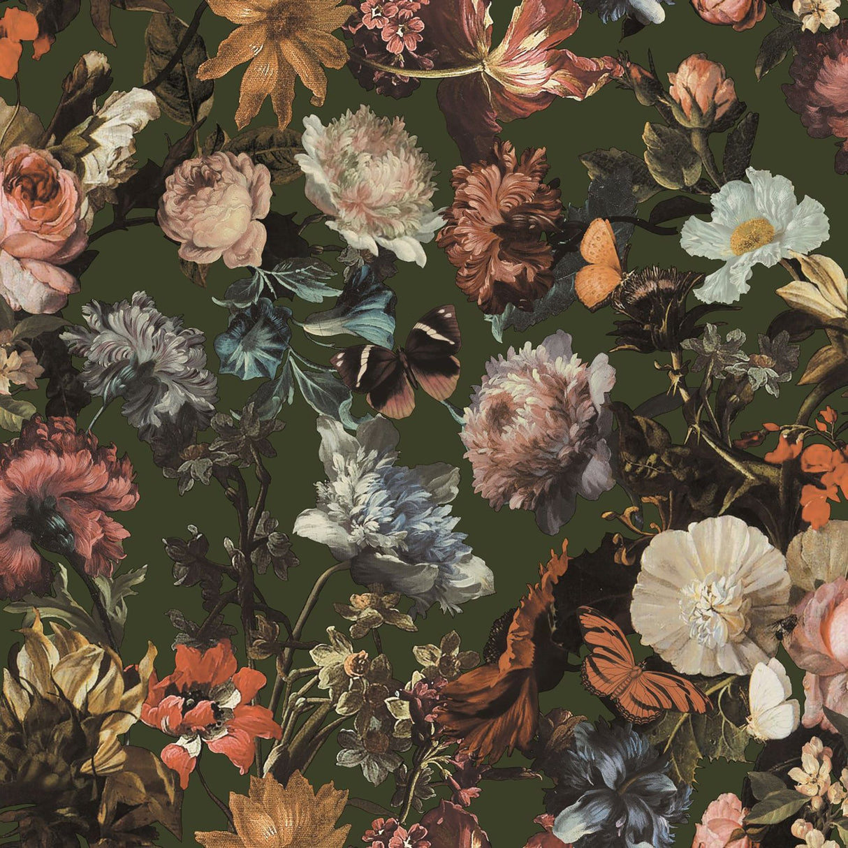 Zarinda Olive Flowers Wallpaper with Glam Butterfly Floral Motif - ESTA Home DD139170