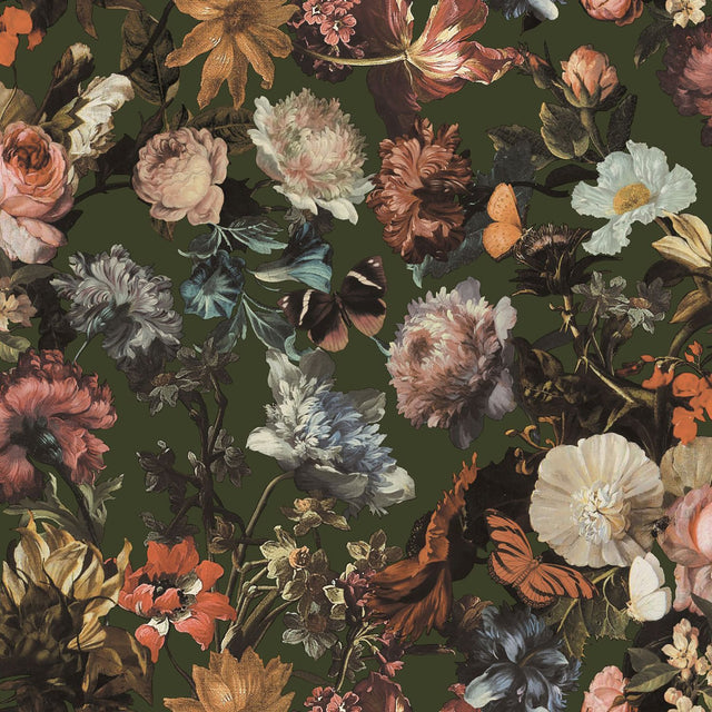 Zarinda Olive Flowers Wallpaper with Glam Butterfly Floral Motif - ESTA Home DD139170