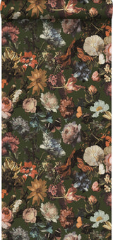Zarinda Olive Flowers Wallpaper with Glam Butterfly Floral Motif - ESTA Home DD139170