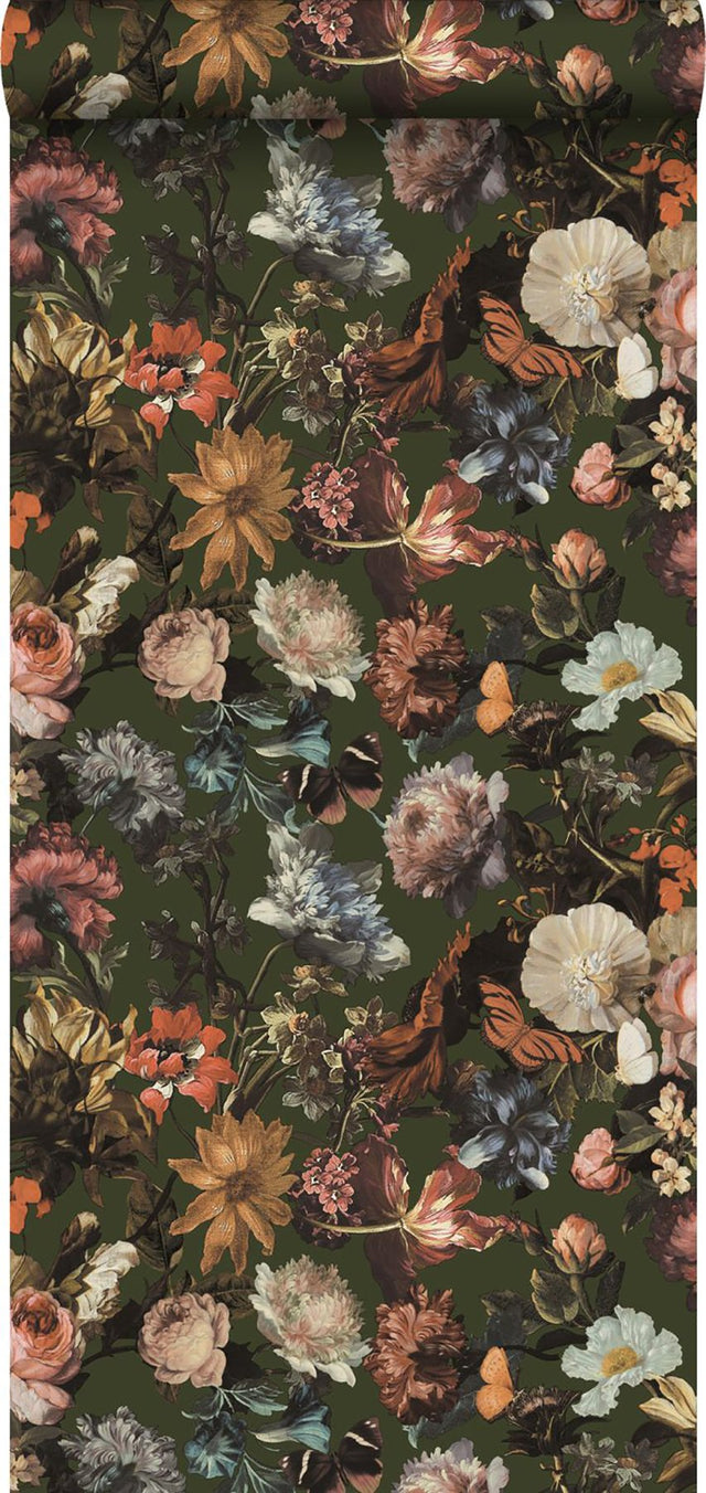 Zarinda Olive Flowers Wallpaper with Glam Butterfly Floral Motif - ESTA Home DD139170