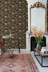 Zarinda Olive Flowers Wallpaper with Glam Butterfly Floral Motif - ESTA Home DD139170