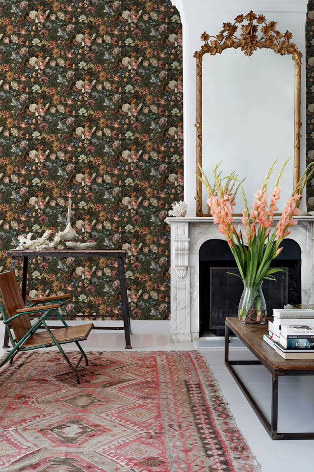 Zarinda Olive Flowers Wallpaper with Glam Butterfly Floral Motif - ESTA Home DD139170