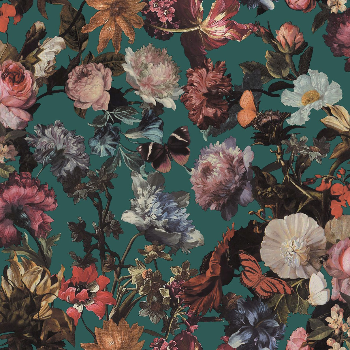 Zarinda Sea Green Flowers Wallpaper with Butterfly Floral Motif - ESTA Home DD139171