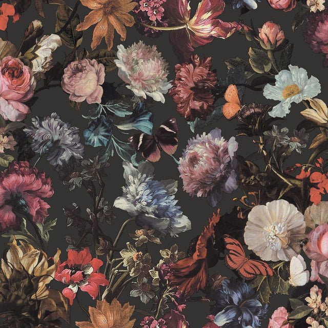 Zarinda Dark Grey Flowers Wallpaper with Butterfly Floral Motif - ESTA Home DD139172