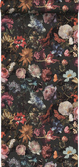 Zarinda Dark Grey Flowers Wallpaper with Butterfly Floral Motif - ESTA Home DD139172
