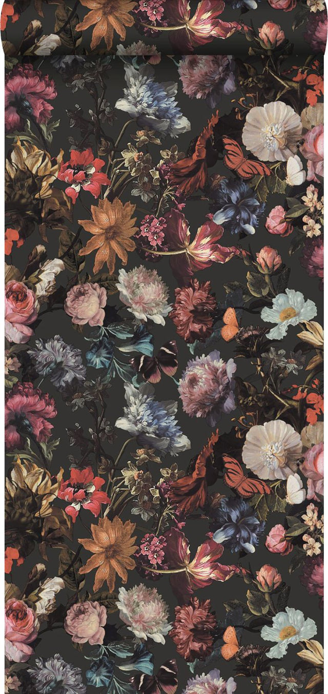 Zarinda Dark Grey Flowers Wallpaper with Butterfly Floral Motif - ESTA Home DD139172