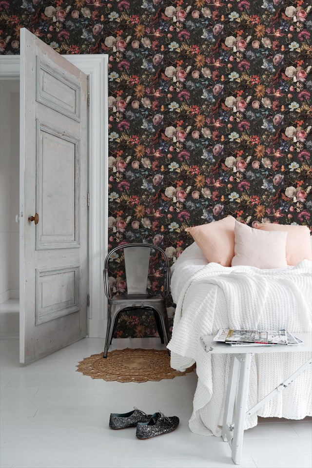 Zarinda Dark Grey Flowers Wallpaper with Butterfly Floral Motif - ESTA Home DD139172