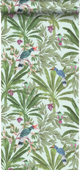 Carola Green Jungle Tropics Wallpaper with Tropical Birds and Palm Leaves - ESTA Home DD139189
