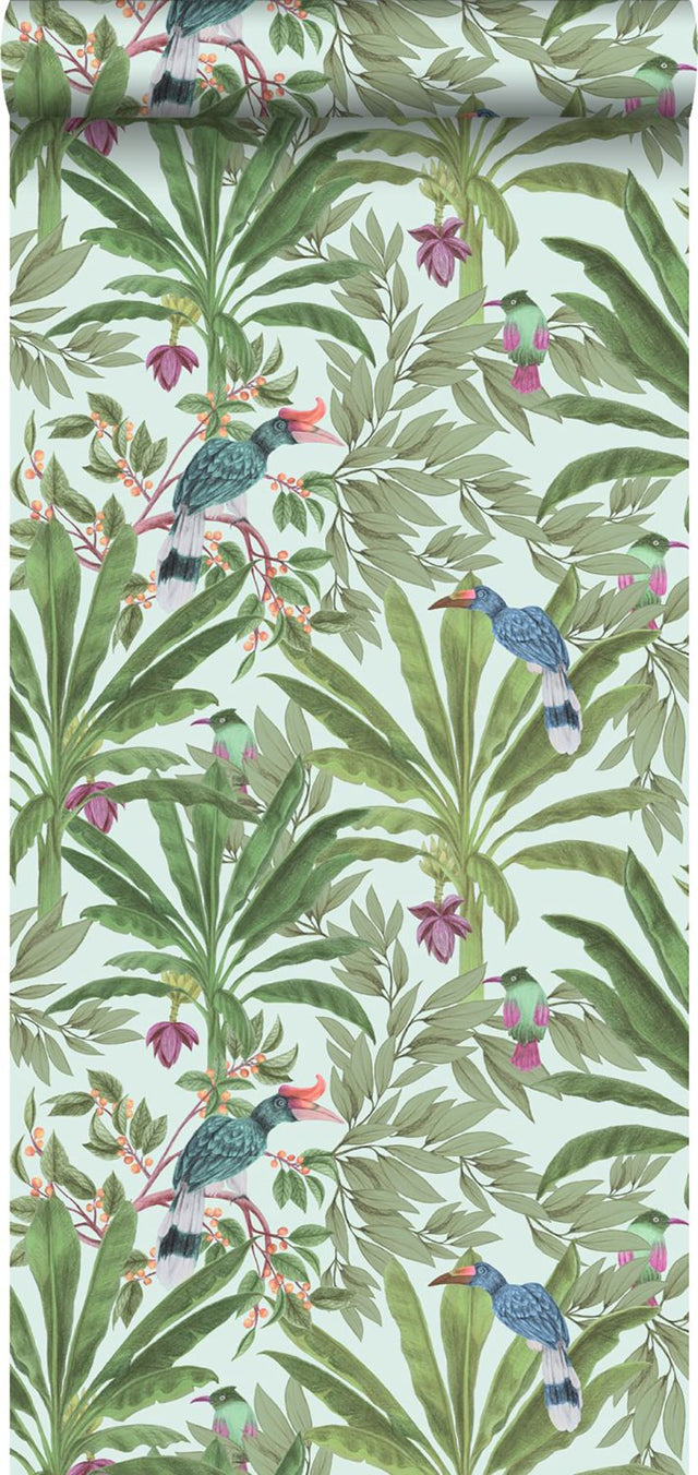 Carola Green Jungle Tropics Wallpaper with Tropical Birds and Palm Leaves - ESTA Home DD139189