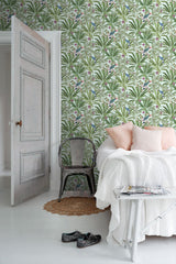Carola Green Jungle Tropics Wallpaper with Tropical Birds and Palm Leaves - ESTA Home DD139189