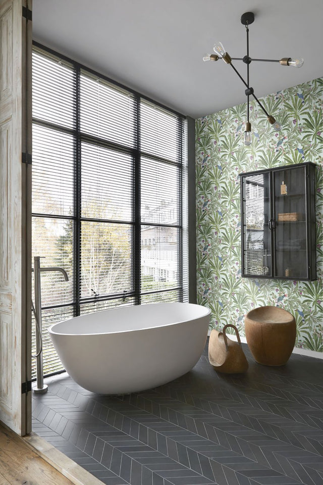 Carola Green Jungle Tropics Wallpaper with Tropical Birds and Palm Leaves - ESTA Home DD139189