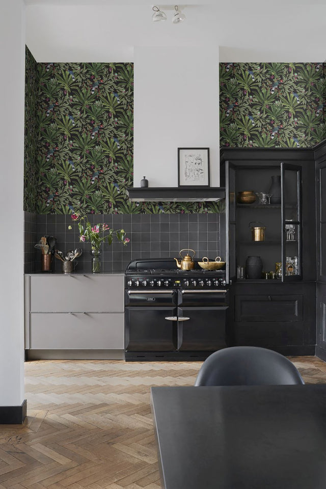 Carola Black Jungle Tropics Wallpaper with Illustrative Tropical Birds and Palms - Brewster DD139190