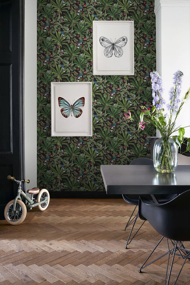 Carola Black Jungle Tropics Wallpaper with Illustrative Tropical Birds and Palms - Brewster DD139190