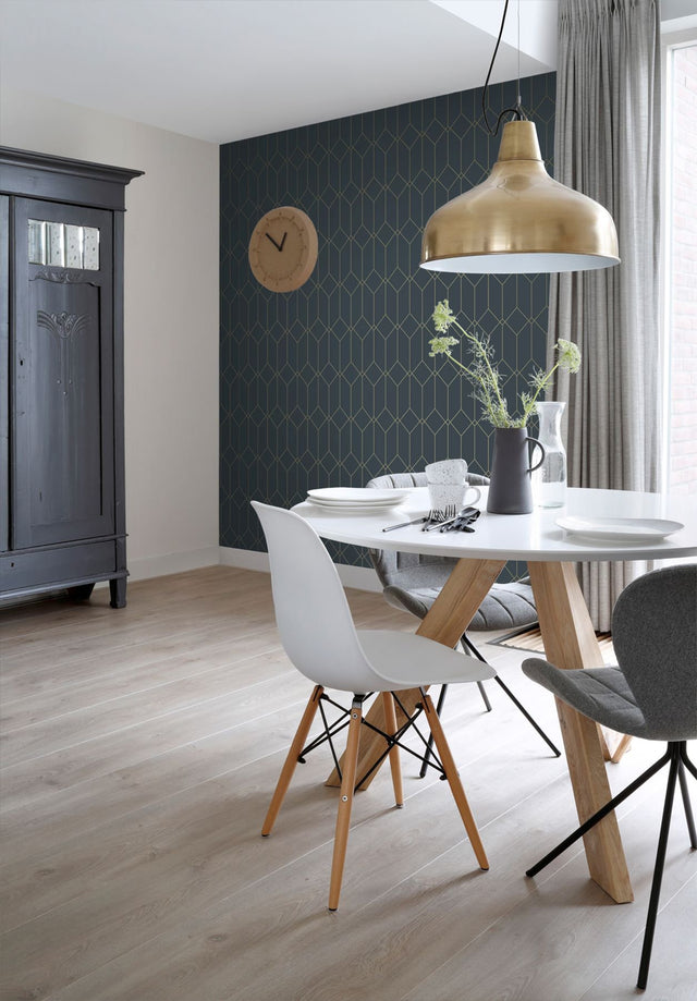 Trilliant Dark Blue Art Deco Geometric Metallic Wallpaper - ESTA Home DD139225