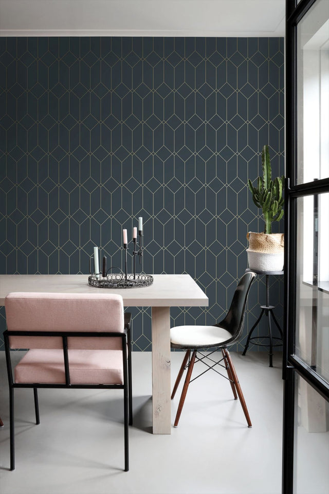 Trilliant Dark Blue Art Deco Geometric Metallic Wallpaper - ESTA Home DD139225