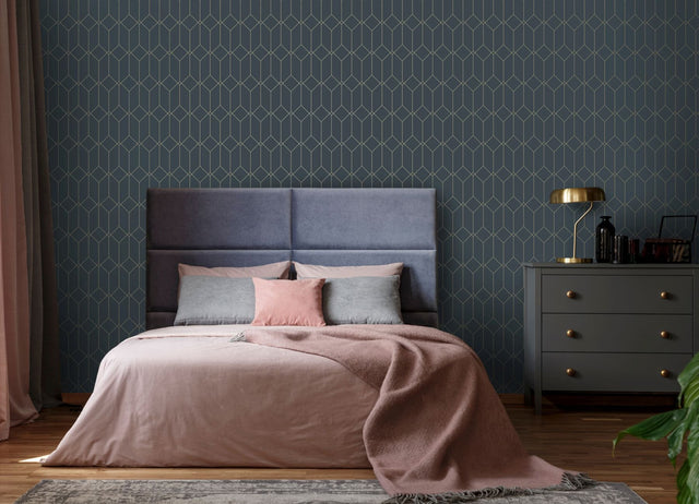 Trilliant Dark Blue Art Deco Geometric Metallic Wallpaper - ESTA Home DD139225