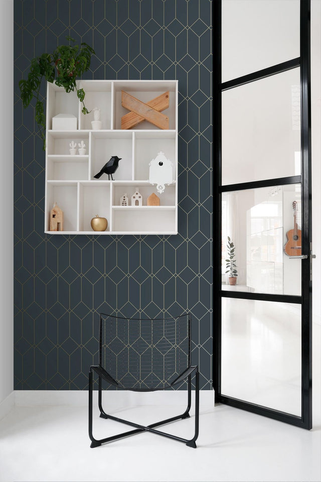 Trilliant Dark Blue Art Deco Geometric Metallic Wallpaper - ESTA Home DD139225