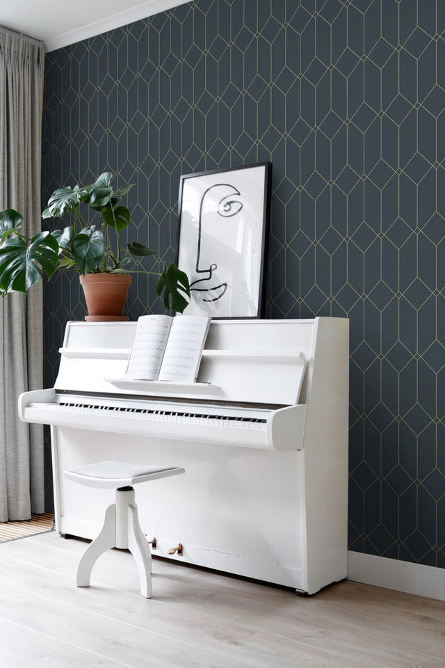 Trilliant Dark Blue Art Deco Geometric Metallic Wallpaper - ESTA Home DD139225