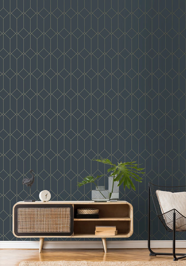 Trilliant Dark Blue Art Deco Geometric Metallic Wallpaper - ESTA Home DD139225