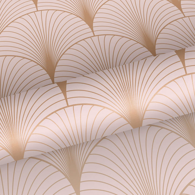 Lempicka Pink Art Deco Motif Wallpaper with Metallic Rose Gold Scalloped Geometric Pattern - ESTA Home DD139229