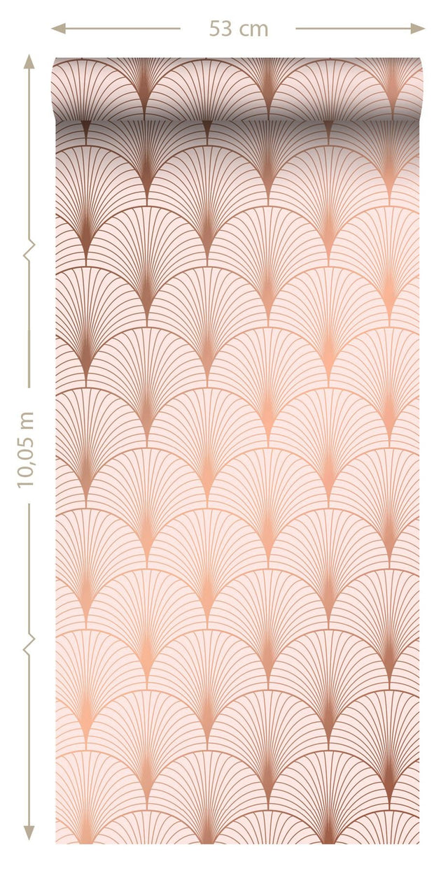 Lempicka Pink Art Deco Motif Wallpaper with Metallic Rose Gold Scalloped Geometric Pattern - ESTA Home DD139229