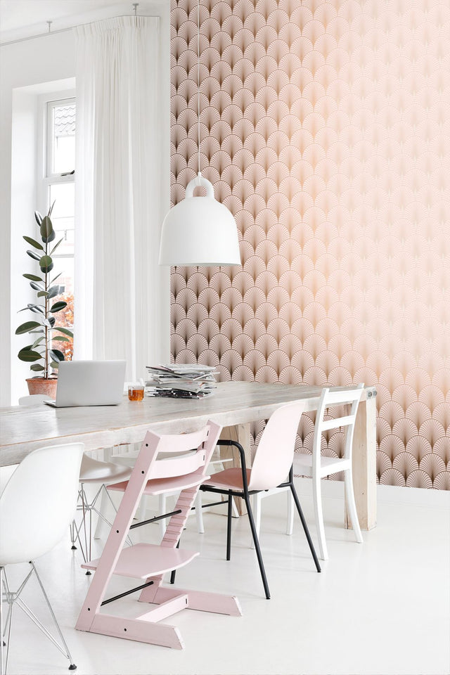 Lempicka Pink Art Deco Motif Wallpaper with Metallic Rose Gold Scalloped Geometric Pattern - ESTA Home DD139229