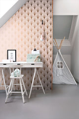 Lempicka Pink Art Deco Motif Wallpaper with Metallic Rose Gold Scalloped Geometric Pattern - ESTA Home DD139229