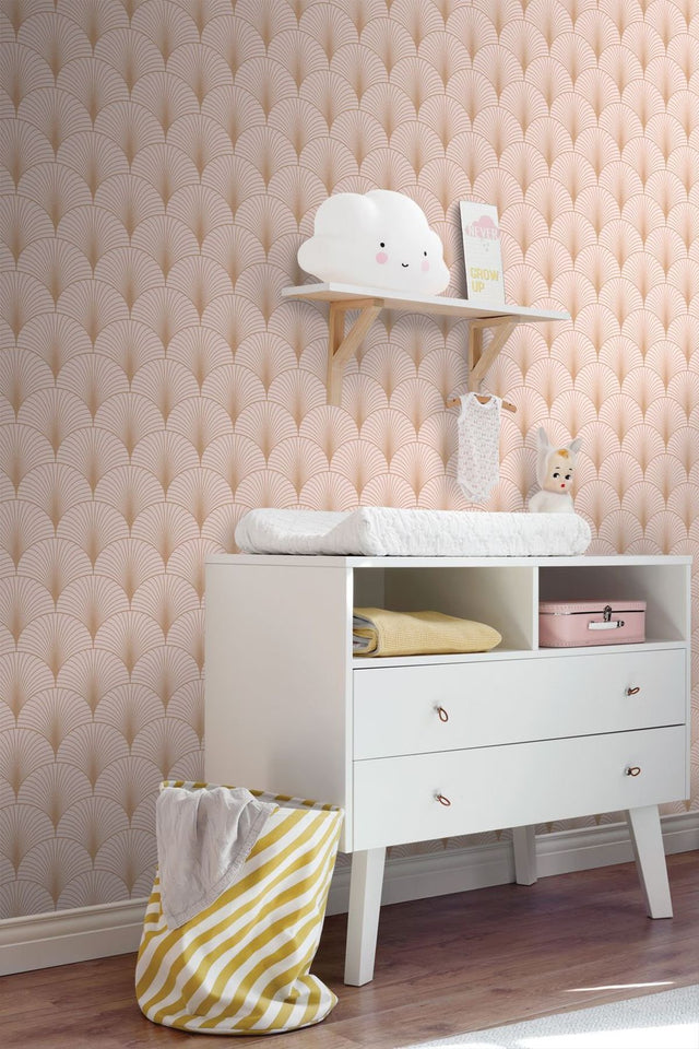 Lempicka Pink Art Deco Motif Wallpaper with Metallic Rose Gold Scalloped Geometric Pattern - ESTA Home DD139229