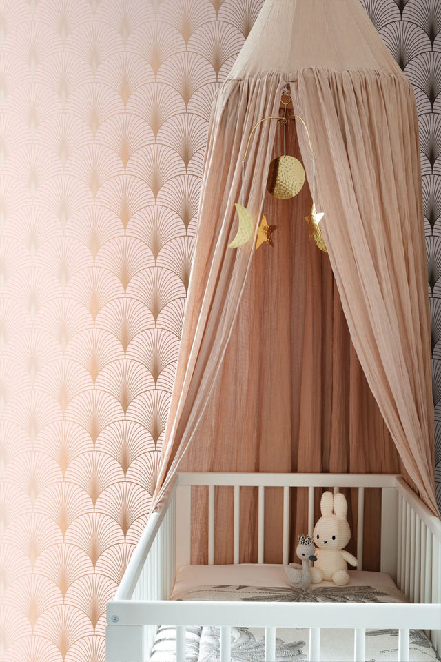 Lempicka Pink Art Deco Motif Wallpaper with Metallic Rose Gold Scalloped Geometric Pattern - ESTA Home DD139229