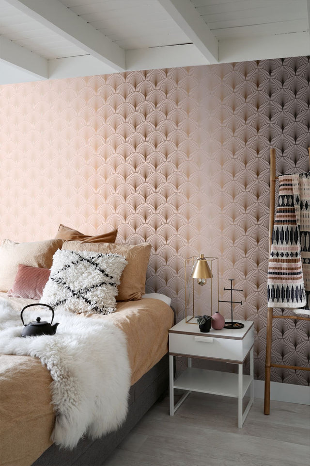 Lempicka Pink Art Deco Motif Wallpaper with Metallic Rose Gold Scalloped Geometric Pattern - ESTA Home DD139229