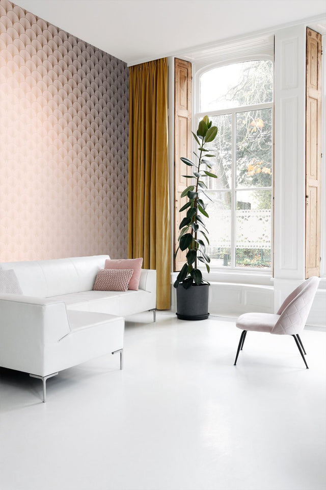 Lempicka Pink Art Deco Motif Wallpaper with Metallic Rose Gold Scalloped Geometric Pattern - ESTA Home DD139229