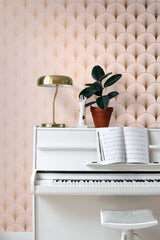 Lempicka Pink Art Deco Motif Wallpaper with Metallic Rose Gold Scalloped Geometric Pattern - ESTA Home DD139229