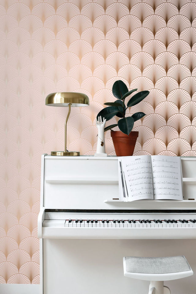 Lempicka Pink Art Deco Motif Wallpaper with Metallic Rose Gold Scalloped Geometric Pattern - ESTA Home DD139229