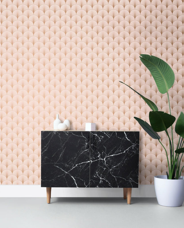Lempicka Pink Art Deco Motif Wallpaper with Metallic Rose Gold Scalloped Geometric Pattern - ESTA Home DD139229