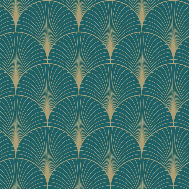Lempicka Teal Art Deco Motif Wallpaper with Metallic Geometric Scallop Pattern - ESTA Home DD139230