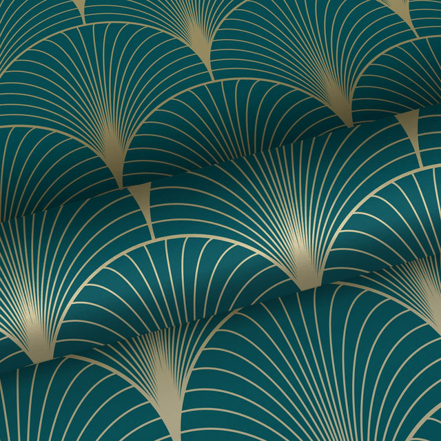 Lempicka Teal Art Deco Motif Wallpaper with Metallic Geometric Scallop Pattern - ESTA Home DD139230