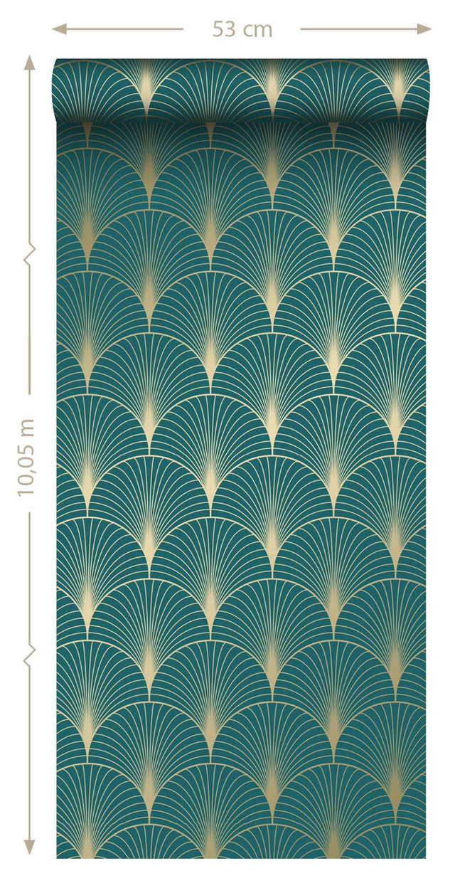 Lempicka Teal Art Deco Motif Wallpaper with Metallic Geometric Scallop Pattern - ESTA Home DD139230