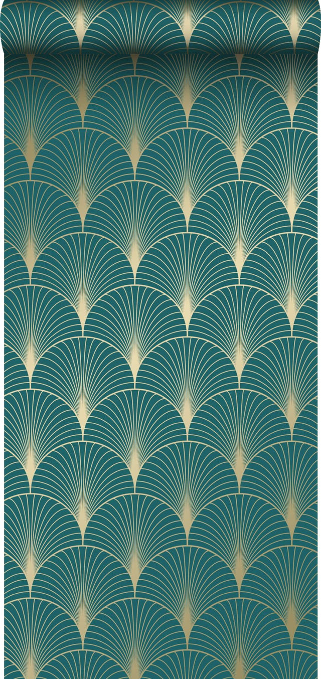 Lempicka Teal Art Deco Motif Wallpaper with Metallic Geometric Scallop Pattern - ESTA Home DD139230