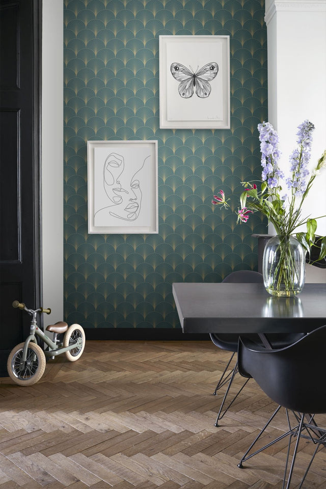Lempicka Teal Art Deco Motif Wallpaper with Metallic Geometric Scallop Pattern - ESTA Home DD139230