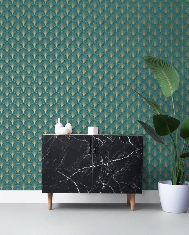 Lempicka Teal Art Deco Motif Wallpaper with Metallic Geometric Scallop Pattern - ESTA Home DD139230