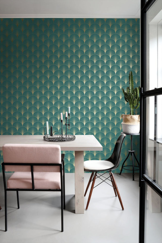 Lempicka Teal Art Deco Motif Wallpaper with Metallic Geometric Scallop Pattern - ESTA Home DD139230