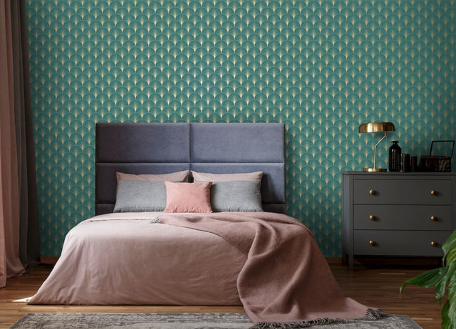 Lempicka Teal Art Deco Motif Wallpaper with Metallic Geometric Scallop Pattern - ESTA Home DD139230