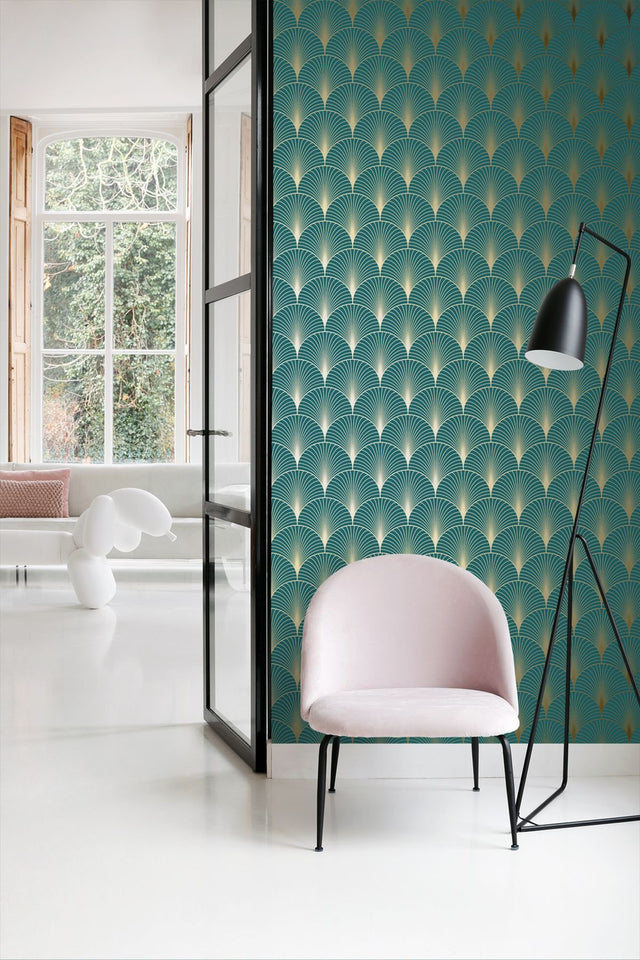 Lempicka Teal Art Deco Motif Wallpaper with Metallic Geometric Scallop Pattern - ESTA Home DD139230