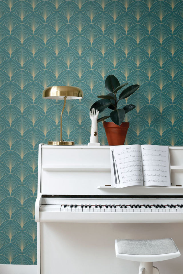 Lempicka Teal Art Deco Motif Wallpaper with Metallic Geometric Scallop Pattern - ESTA Home DD139230